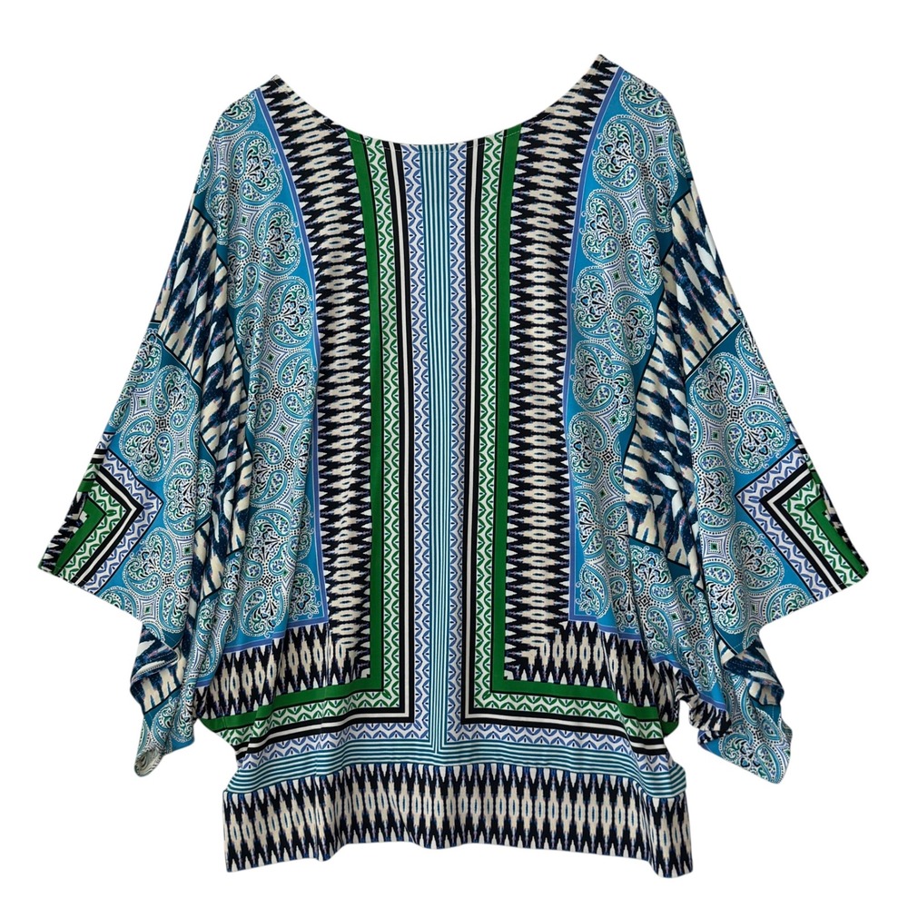 Chico's Poncho Blouse 3 XL Blue Green Paisley Geometric Ikat Patchwork Dolman
